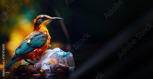 Beautiful Exotic Bird Crafting Nest with Plastic Bottles: Symbolic Image of Environmental Pollution