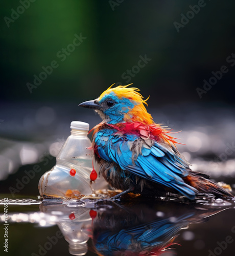 Colorful Avian Artisan: Exotic Bird Constructs Nest from Plastic Waste, Echoing Earth Pollution