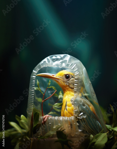 Vibrant Exotic Bird in Nest of Plastic Waste: Symbolizing Environmental Pollution