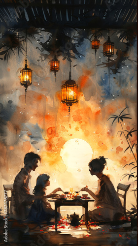 Watercolor scene of a family dinner under hanging lanterns with a sunset background. Card for an Islamic holiday. © Мария Фадеева