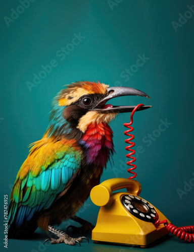 Colorful Exotic Bird Triumphs Over Technology: Symbolic Image of Nature's Victory