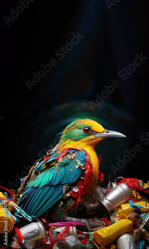 Colorful Exotic Bird Nesting in Waste: Symbolic Image of Environmental Pollution