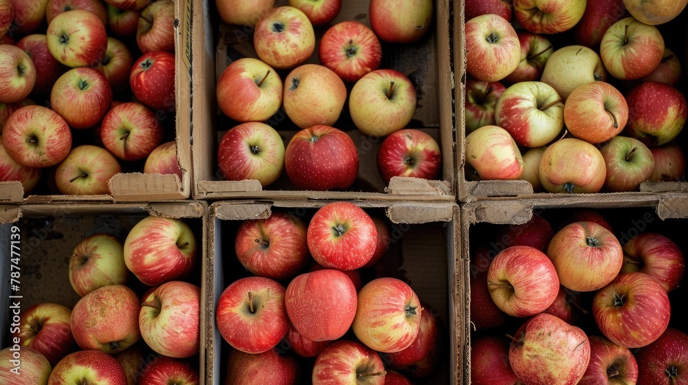 Red and white apples collected during the apple harvesting season and stored in boxes Red and white apples collected during the apple harvesting season and stored in boxes