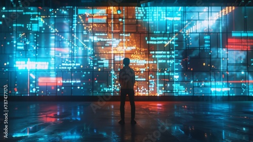 A lone designer stands in front of a giant screen almost dwarfed by the amount of code and pixels in front of them. With determination in their eyes they work tirelessly on their project .