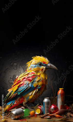 Colorful Exotic Bird Nesting in Waste: Symbolizing Environmental Degradation