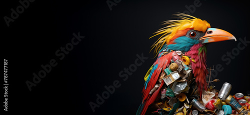 Vivid Exotic Bird Amidst Nest of Packaging Waste: Conveying Environmental Concerns