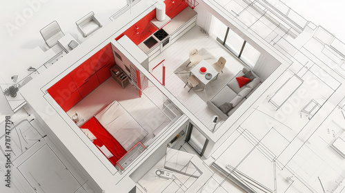 Red-Hued Studio: Constructivist Interior Sketch. Generative AI
