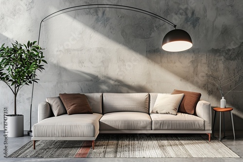 Modern couch with included floor lamp in living room photo
