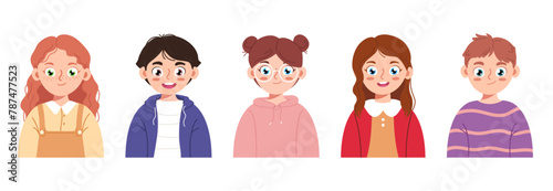Set of different children avatars. Bundle of smiling faces of boys and girls with different hairstyles. Colorful flat vector illustration isolated on white background