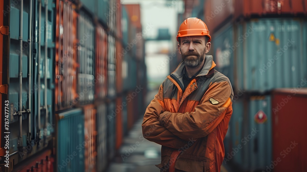 Dock Worker Overseeing Container Yard at Dusk. Generative AI Dock Worker Overseeing Container Yard at Dusk. Generative AI