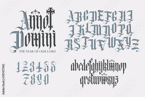 Latin phrase From the Nativity of Christ. Gothic font. Full set of capital, small letters and numbers of the English alphabet in vintage style. Medieval Latin letters. Vector calligraphy and lettering