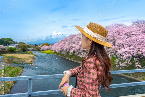 Tourist enjoying view of Fuji mountain in spring, Shizuoka in Japan. © tawatchai1990