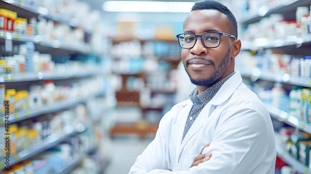 A man wearing a white lab coat stands in a pharmacy aisle. Generative AI A man wearing a white lab coat stands in a pharmacy aisle. Generative AI