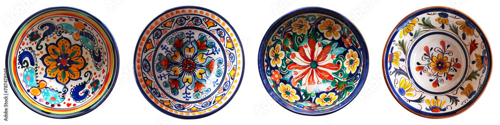 Collection of talavera pottery bowl top view cutout png isolated on white or transparent background