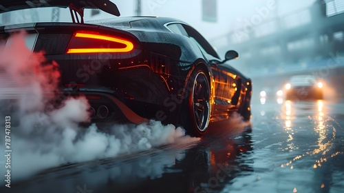 Black Sports Car Power Slide with Smoke on Wet Road. Concept Sports Car Photography, Power Sliding, Wet Road Drift, Smoke Effect, Black Car Action Shots