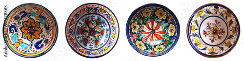 Collection of talavera pottery bowl top view cutout png isolated on white or transparent background