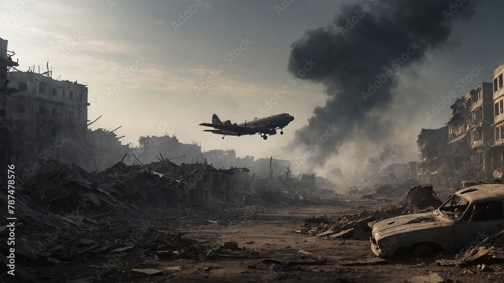 Plane flying low over devastated urban landscape, where buildings reduced to rubble, thick cloud of smoke rises ominously into air. Scene haunting. - obrazy, fototapety, plakaty 