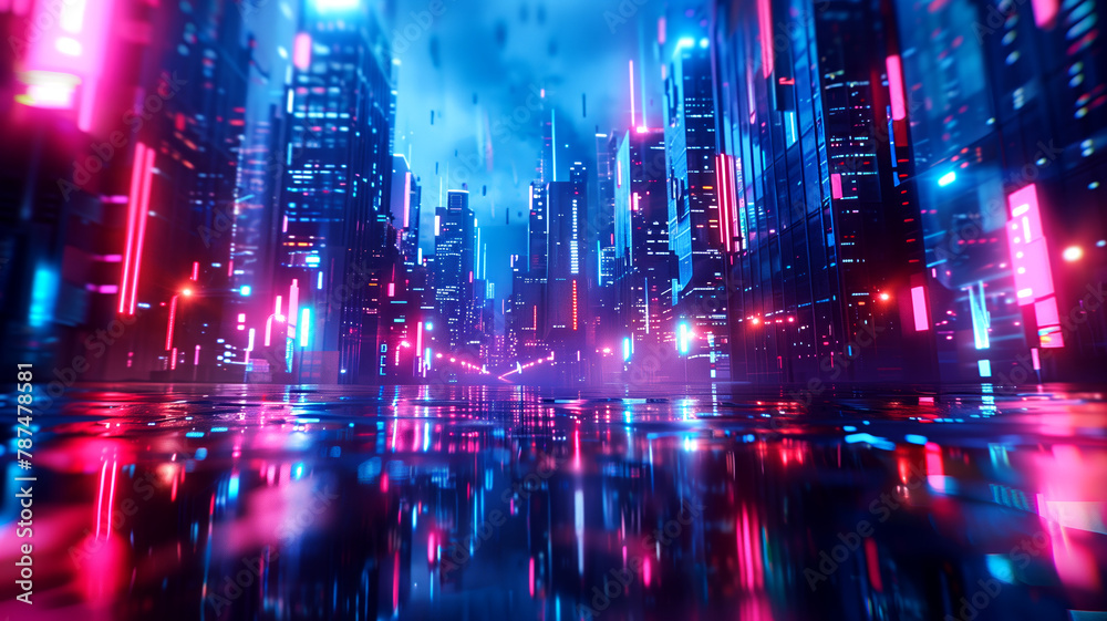 Futuristic cityscape with neon lights and reflections, Fantasy illustration