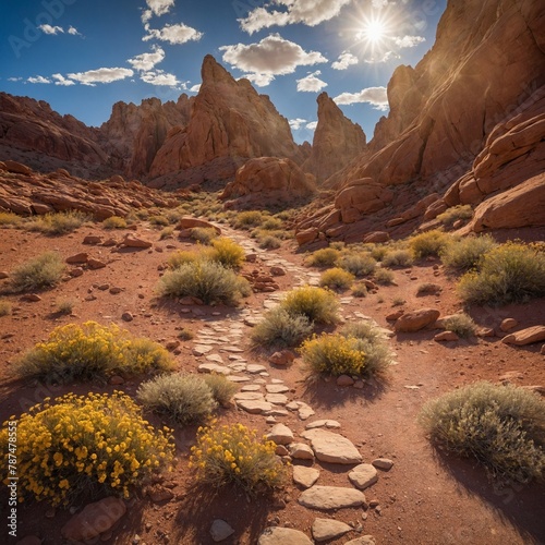 Winding path of flat stones meanders through rugged desert landscape, leading towards narrow canyon flanked by towering sandstone formations that reach towards clear blue sky. Sun hangs low in sky.
