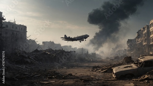 Plane flying low over devastated urban landscape, where buildings reduced to rubble, thick cloud of smoke rises ominously into air. Scene haunting.