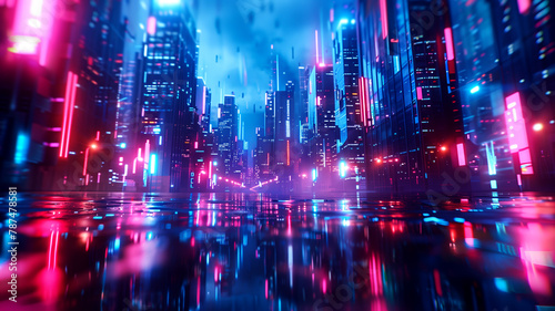 Futuristic cityscape with neon lights and reflections, Fantasy illustration photo