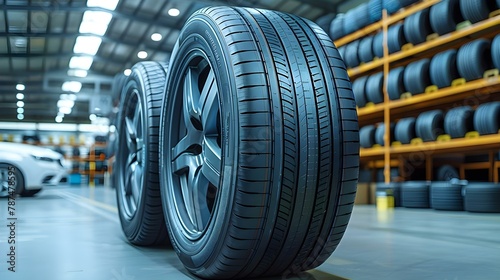 Aligned Precision: Tire Array in Modern Warehouse. Concept Warehouse Management, Precision Engineering, Tire Storage, Industrial Inventory, Logistic Solutions