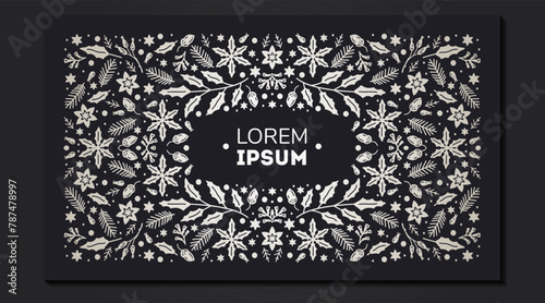 Luxury Christmas frame, abstract sketch winter floral design templates for xmas products. Geometric monochrome square, holly silver backgrounds with fir tree. Use for package, branding, decoration,