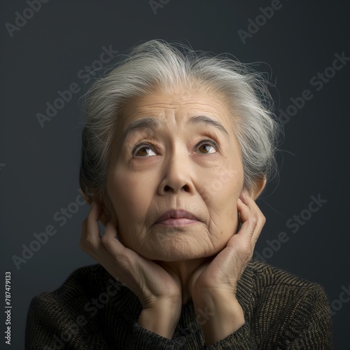 Elderly woman with a contemplative expression, resting her chin on her hands, set against a muted grey background, wearing a floral dress.