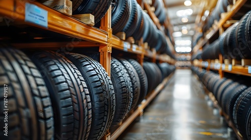 Broad Range of Tires in Modern Warehouse, Space for Text. Concept Tire Inventory, Warehouse Storage, Multiple Options, Brand Variety, Space for text