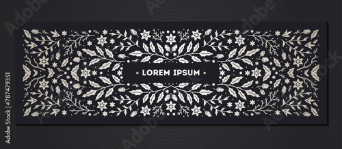 Luxury Christmas frame, abstract sketch winter floral design templates for xmas products. Geometric monochrome square, holly silver backgrounds with fir tree. Use for package, branding, decoration,