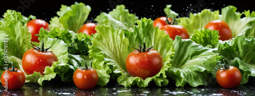 Ripe tomatoes lie on salad leaves. Fresh ripe tomatoes and lettuce covered with drops of water. Lettuce closeup banner. Healthy nutrition concept.