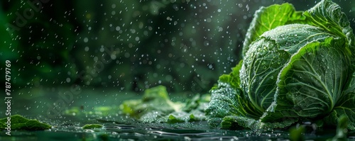 Lush green cabbage leaves up close, adorned with sparkling raindrops, symbolizing fresh produce and health.