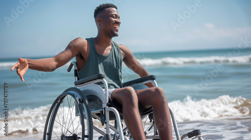 candid young black man in a wheelchair at the beach in summer vacation.