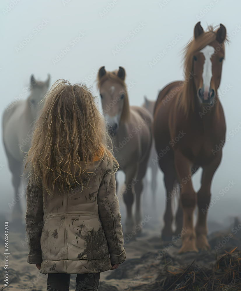Φωτογραφία Cinematic painting of a 9-year-old girl playing with horses in a foggy desert, f
