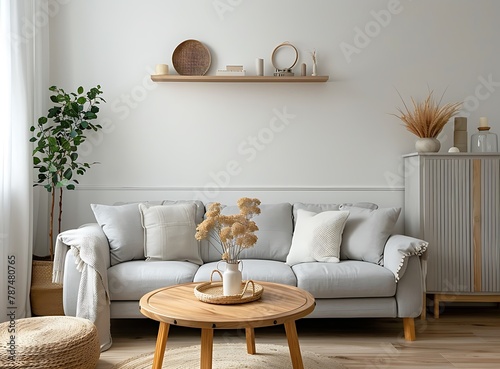 Scandinavian style living room interior with grey sofa