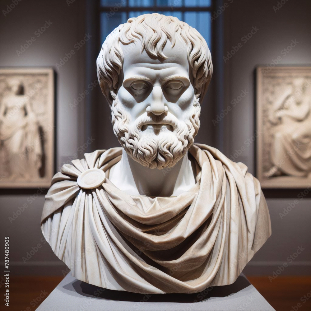Obraz premium Aristotle bust sculpture, the Greek philosopher. Illustration of the sculpture of Aristotle. The Greek philosopher. Aristotle is a central figure in the history of Ancient Greek philosophy.