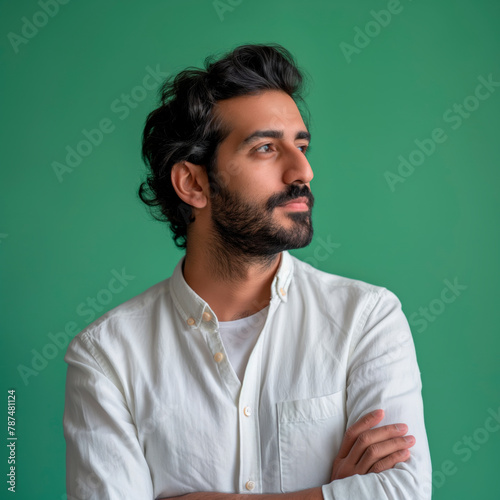 Portrait of a thoughtful young man looking upwards, set against a solid teal background that accentuates his contemplative expression.