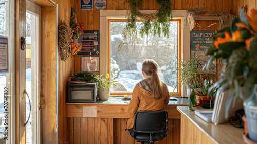 Female Worker at Cozy Wooden Information Booth Overlooking Winter Landscape photo