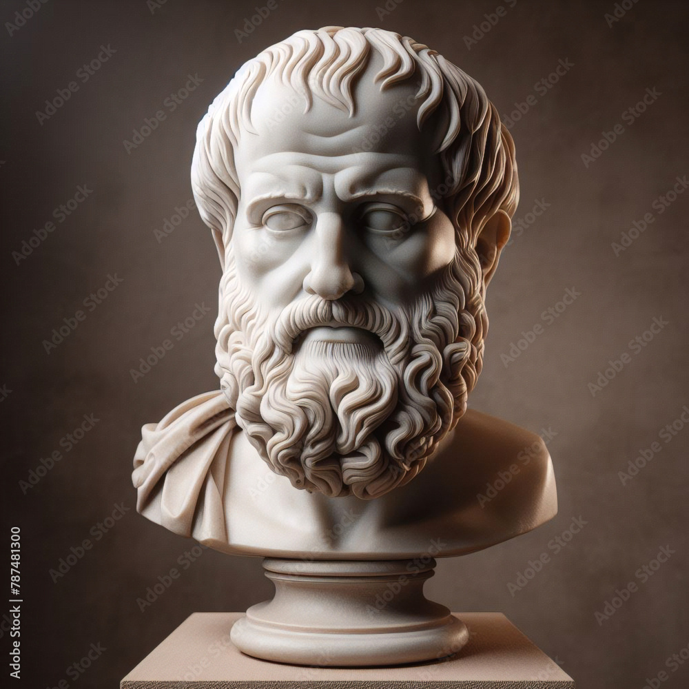 Obraz premium Aristotle bust sculpture, the Greek philosopher. Illustration of the sculpture of Aristotle. The Greek philosopher. Aristotle is a central figure in the history of Ancient Greek philosophy.