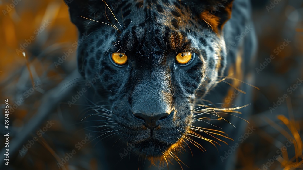 Close-up of black panther with yellow eyes.