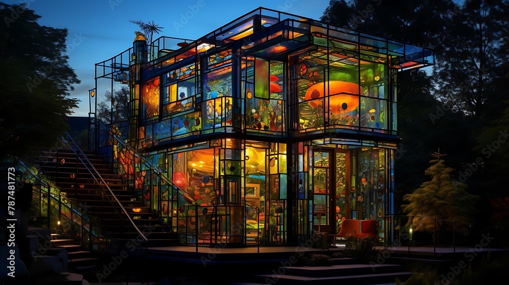 a house that appears to be built entirely of glass, with AI painters adding intricate stained glass patterns to its transparent walls