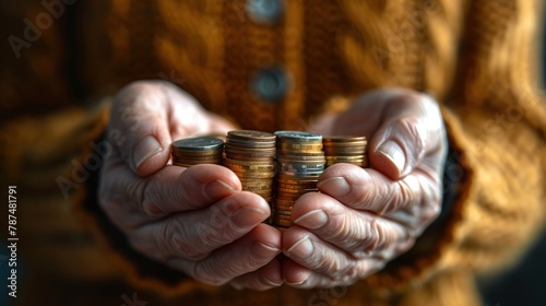 Hands of old person with coins. Savings and finances concept.