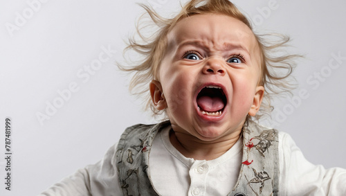 Kind schreit laut mit weit geöffnetem Mund, Punker Frisur, weißer Hintergrund photo