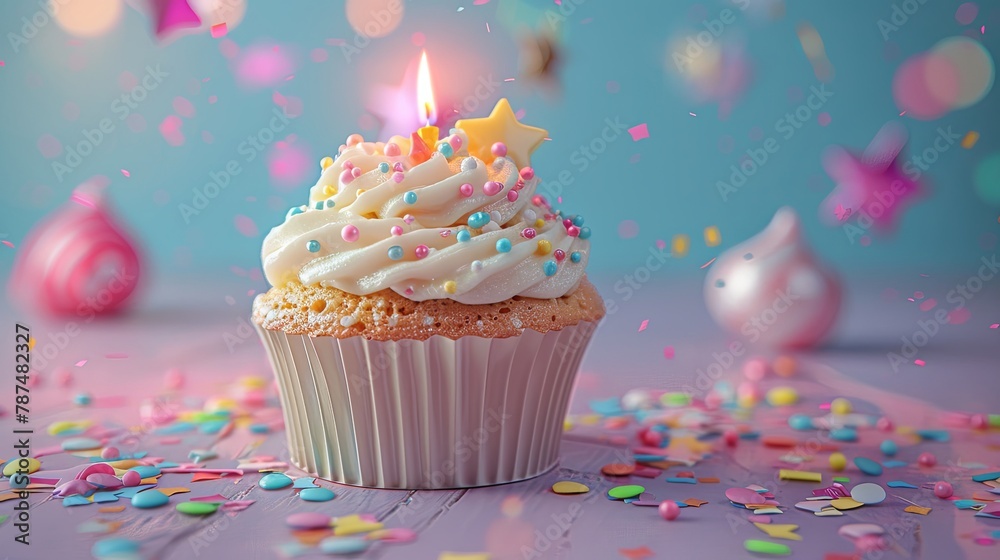 Whimsical Birthday Cupcake with a Twinkling Candle Whimsical Birthday Cupcake with a Twinkling Candle