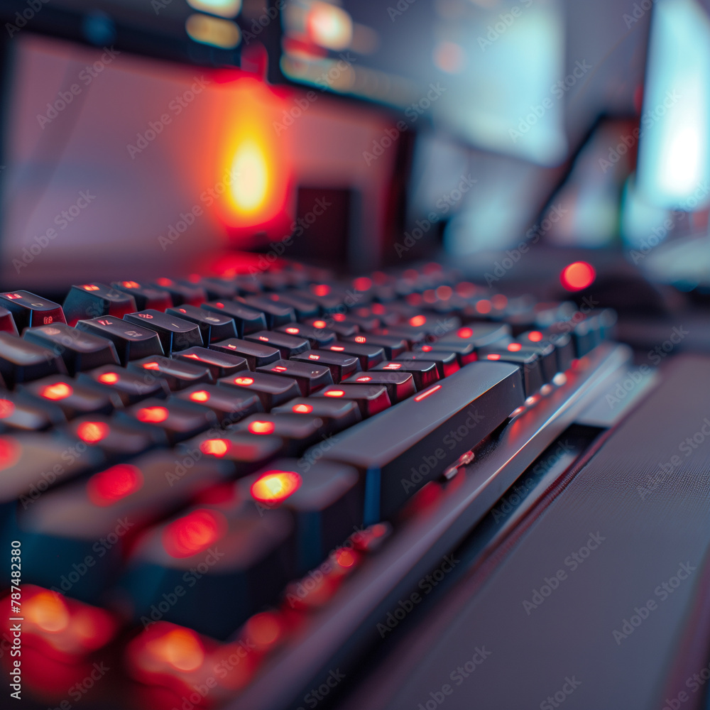 Illuminated mechanical keyboard with red backlighting. Illuminated mechanical keyboard with red backlighting.