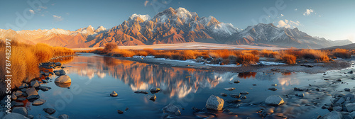 Xigaze Tingri County of Tibet Himalayan Peaks,
The majestic mountain range reflects in the tranquil pond below photo
