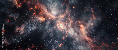 Spiral galaxy engulfed in fiery space clouds photo