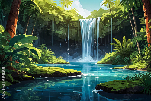 A waterfall cascades into a crystal-clear jungle pool vector art illustration image.  