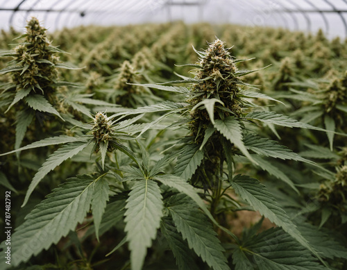 Close-up of the flowers of the cannabis buds of a plant inside a greenhouse. Hundreds of marijuana plants in the background. Background out of focus. Ai generated