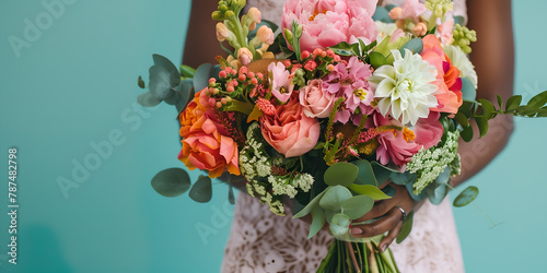 A florist holds a bouquet of bright flowers in front of her. AI generated